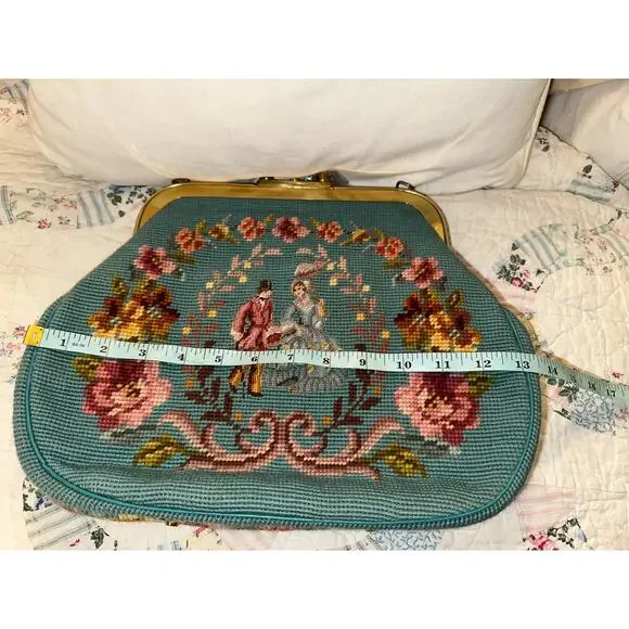SHOWPIECE! NEVER USED VINTAGE 50's TEAL NEEDLEPOINT & PETITPOINT LEATHER BAG - Picture 8 of 14